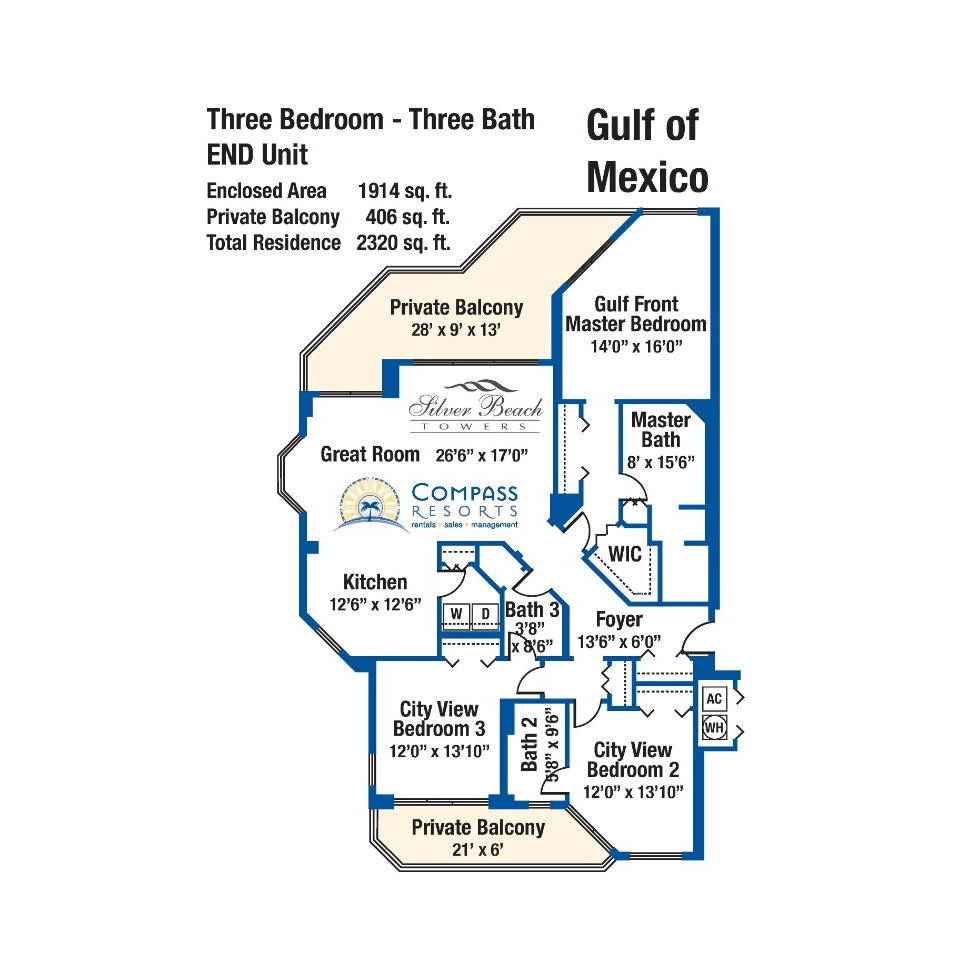 3 Bed 3 Bath End of Unit Gulf of Mexico Floor Plan